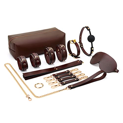 Yocare BDSM Kits, Sex Bondage Restraints Toys Gears Set of 9, Cowhide Hand Cuffs Paddle Collar Harness Leash Blindfold Gag for Adults Couples (Brown)