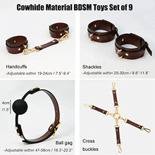Load image into Gallery viewer, Yocare BDSM Kits, Sex Bondage Restraints Toys Gears Set of 9, Cowhide Hand Cuffs Paddle Collar Harness Leash Blindfold Gag for Adults Couples (Brown)
